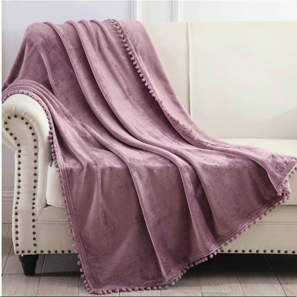 Light Lilac Purple Cute Pompom Fringe Chic Cozy Soft Trendy SofaThrow Blanket - Picture 1 of 16